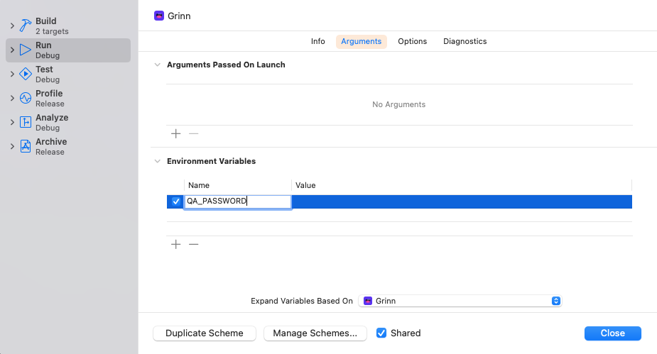 Adding Environment Variables in Xcode Scheme